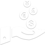 A hand icon with dollar euro and pound symbols floating upwards